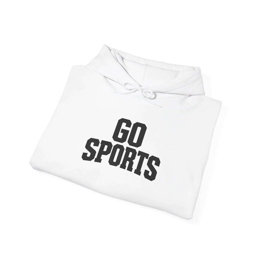 White hoodie folded with “GO SPORTS” logo on the chest