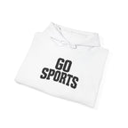 White hoodie folded with “GO SPORTS” logo on the chest