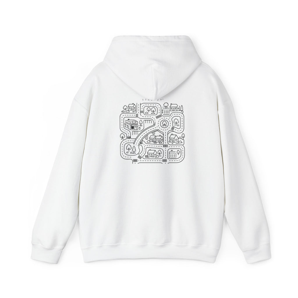 White pullover hoodie with back street map graphic and hood