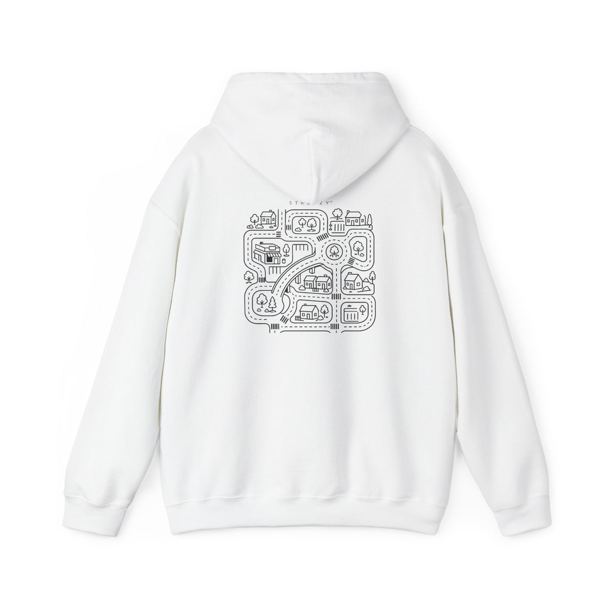 White pullover hoodie with back street map graphic and hood