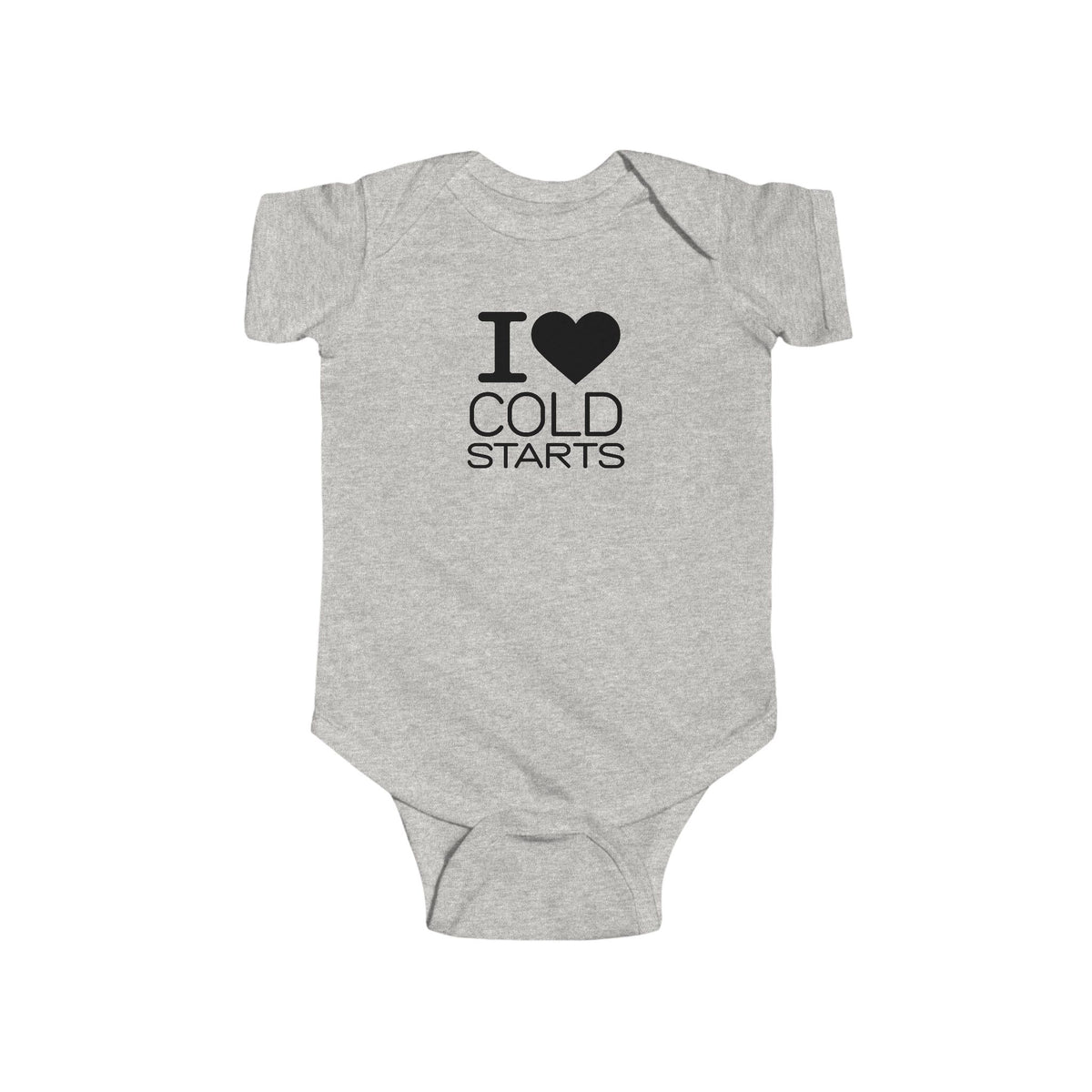 Heather gray baby bodysuit with heart and “Cold Starts” text graphic