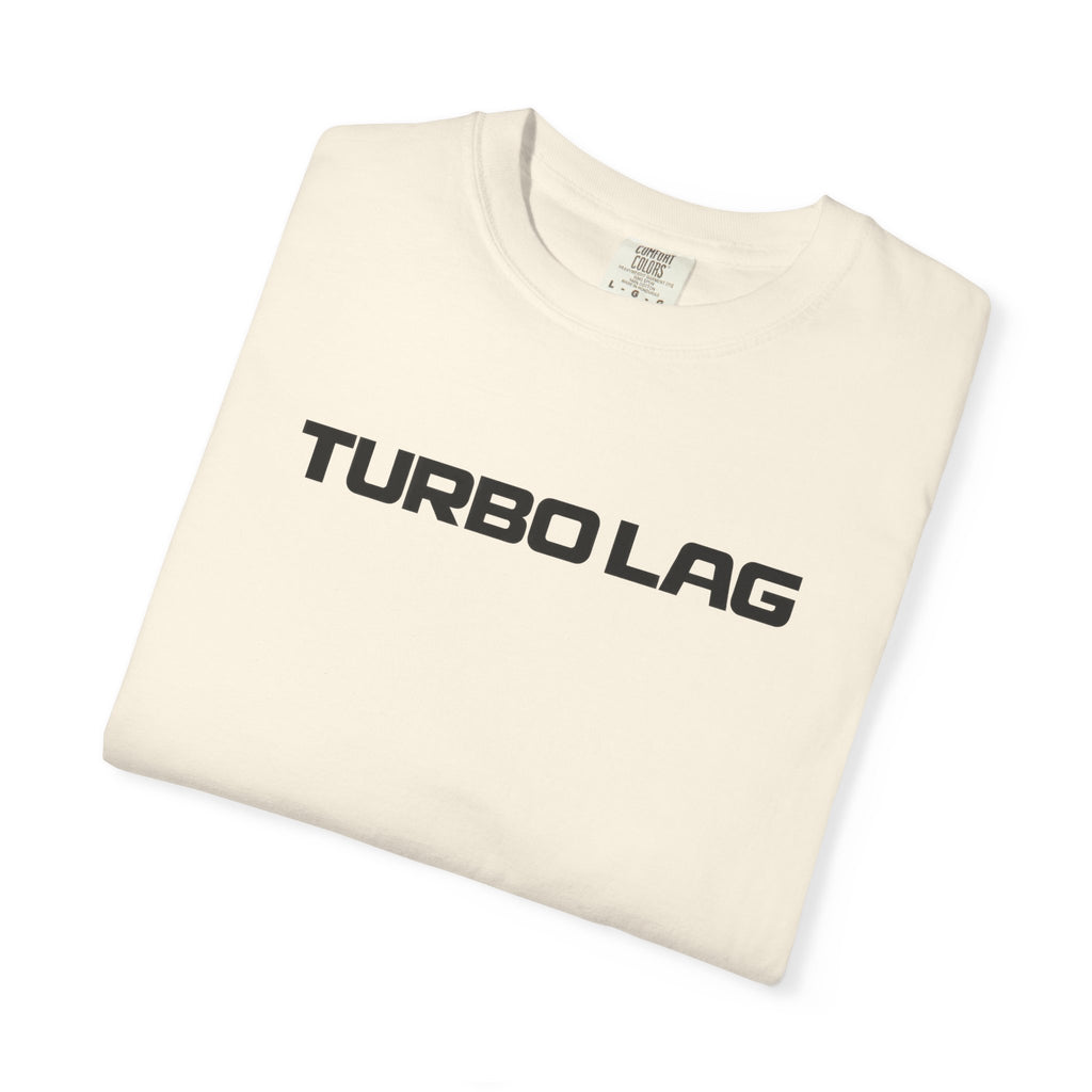 Ivory crew-neck T-shirt with TURBOLAG text on the front