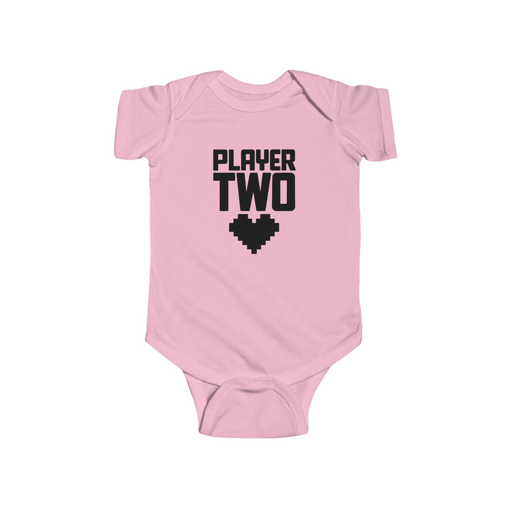 Pink baby bodysuit with short sleeves and 'Player Two' heart controller graphic