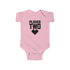 Pink baby bodysuit with short sleeves and 'Player Two' heart controller graphic