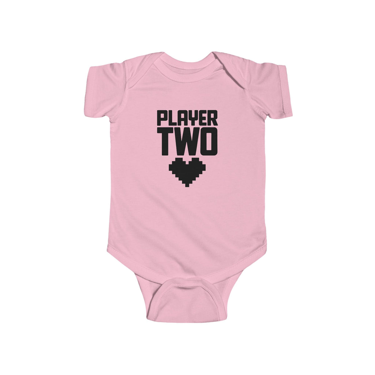 Pink baby bodysuit with short sleeves and 'Player Two' heart controller graphic