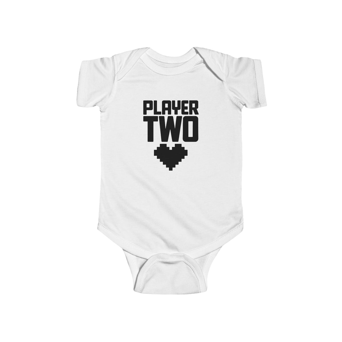 White baby bodysuit with short sleeves and 'Player Two' heart controller graphic