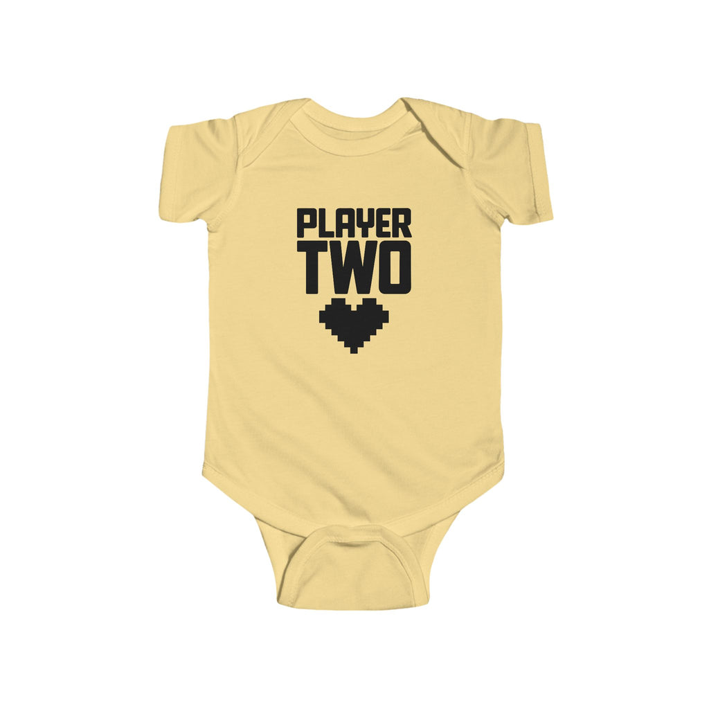 Butter yellow baby bodysuit with short sleeves and 'Player Two' heart controller graphic