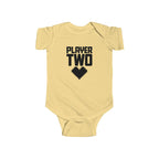 Butter yellow baby bodysuit with short sleeves and 'Player Two' heart controller graphic