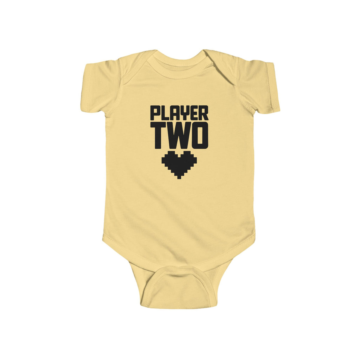 Butter yellow baby bodysuit with short sleeves and 'Player Two' heart controller graphic
