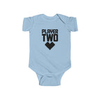 Light blue baby bodysuit with short sleeves and 'Player Two' heart controller graphic