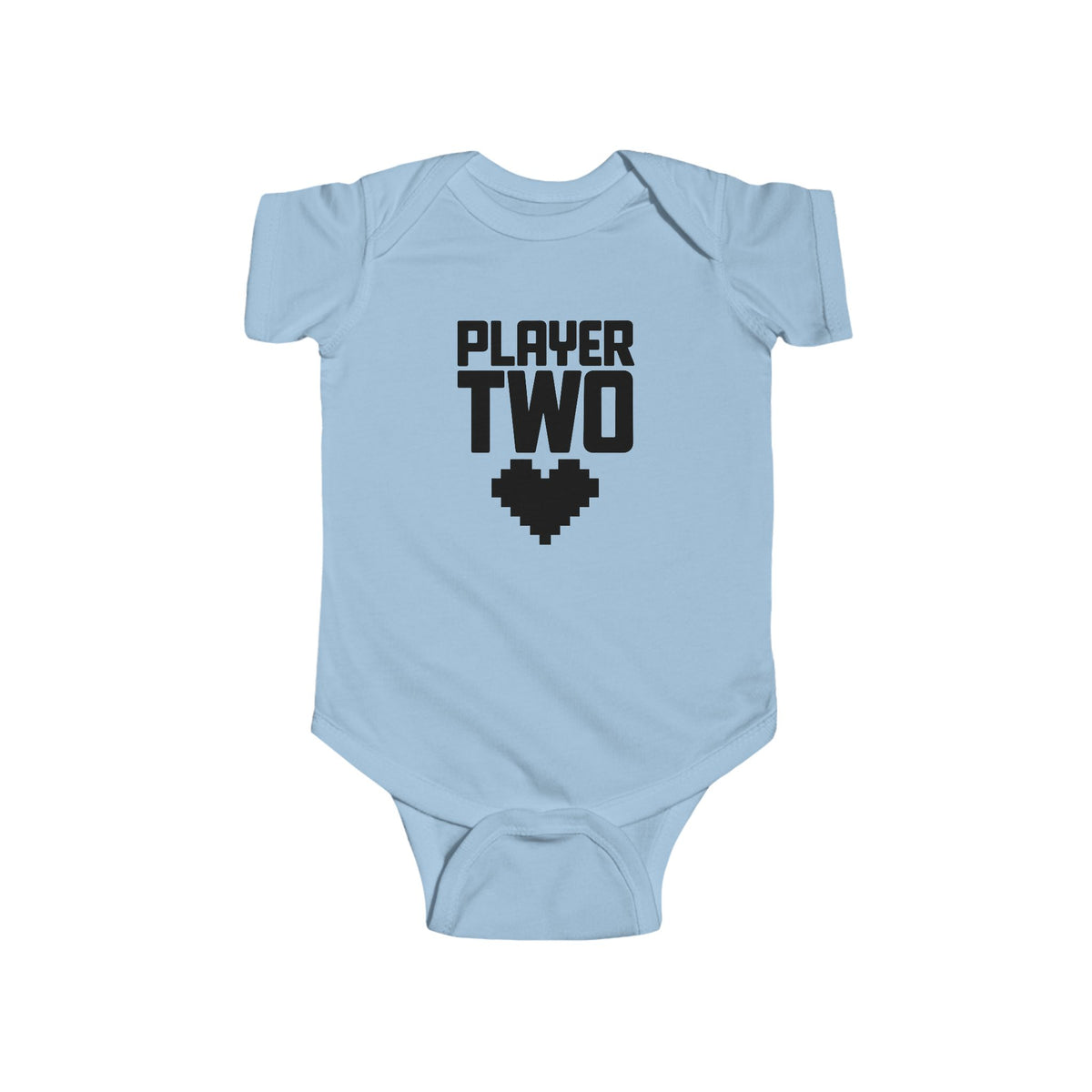 Light blue baby bodysuit with short sleeves and 'Player Two' heart controller graphic