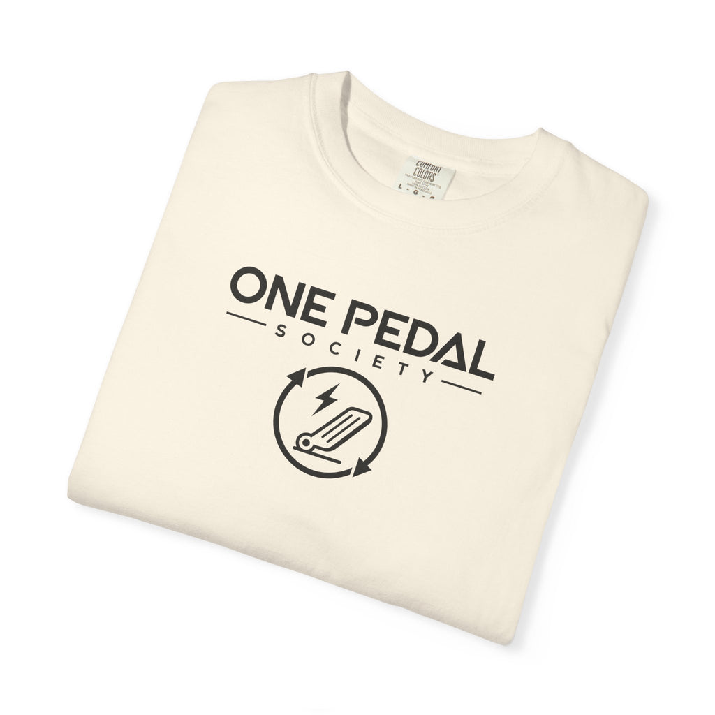Ivory EV graphic t-shirt with large One Pedal Society EV logo