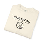 Ivory EV graphic t-shirt with large One Pedal Society EV logo