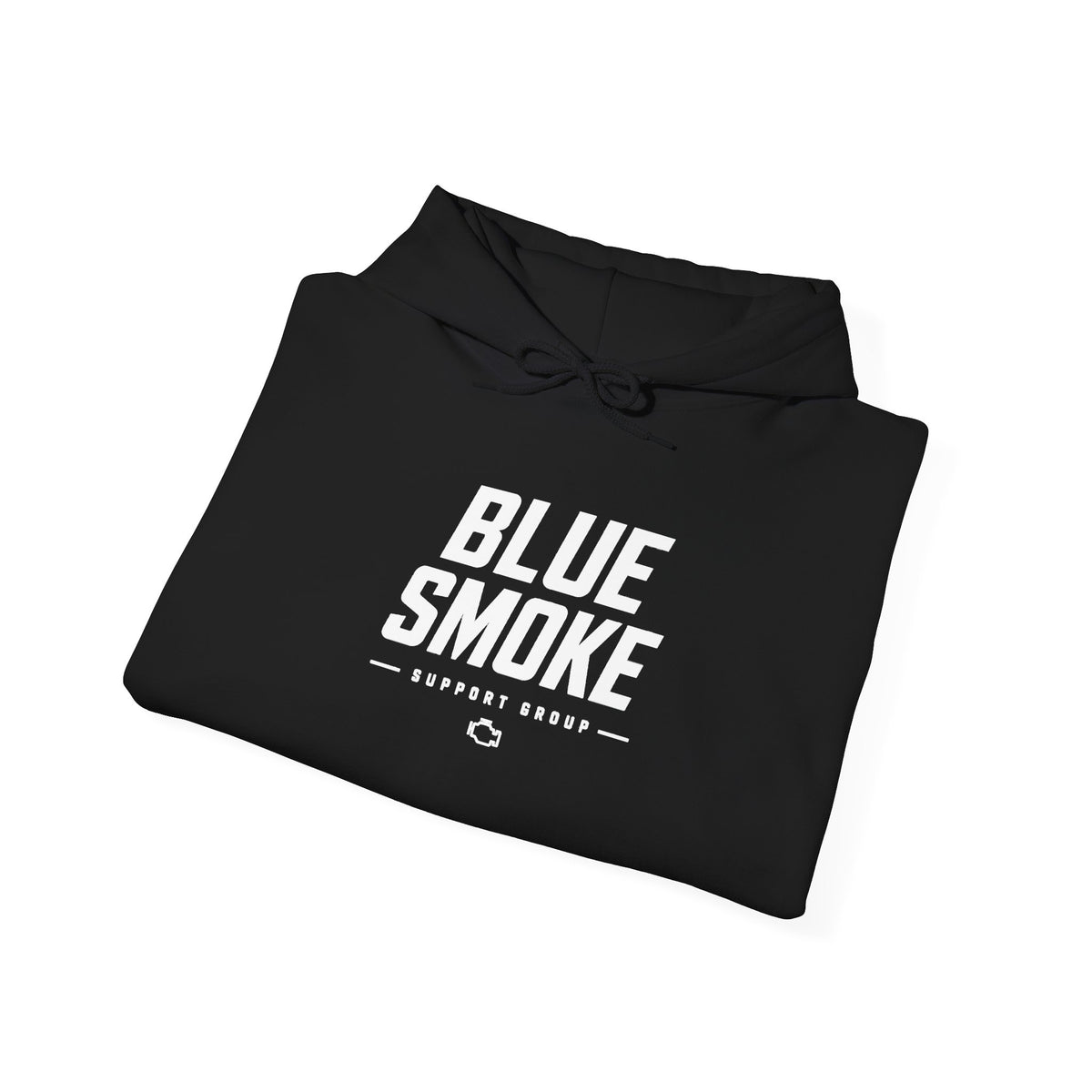 Black hoodie laid flat with drawstring hood and 'BLUE SMOKE' logo print