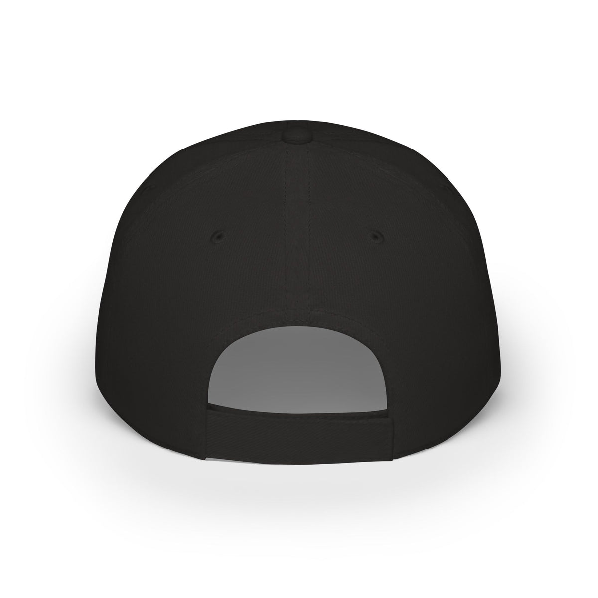 Black low-profile racing cap back view with ventilation eyelets