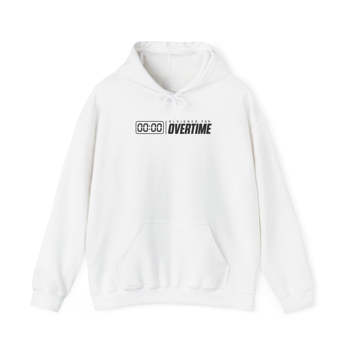 White hoodie with front pocket and drawstring hood, featuring digital time and OVERTIME logo.