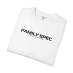 White crewneck graphic T-shirt with “FAMILY SPEC” and “DAILY DRIVER”