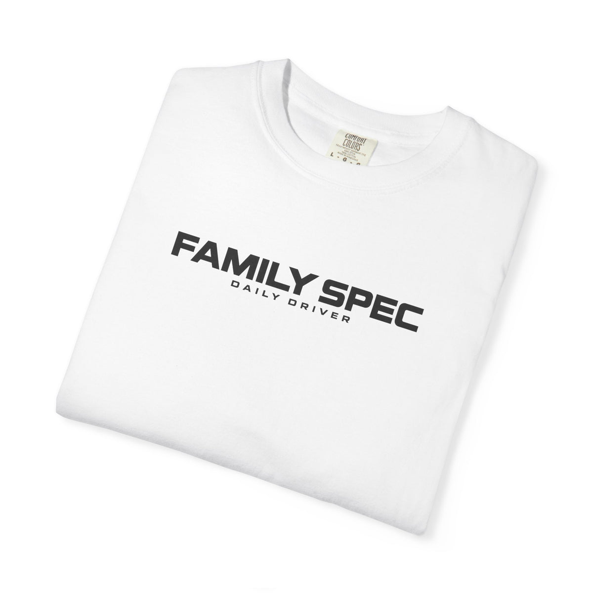 White crewneck graphic T-shirt with “FAMILY SPEC” and “DAILY DRIVER”
