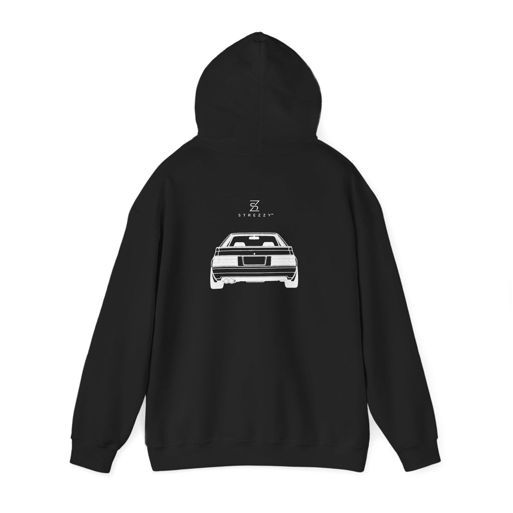 Black silhouette hoodie with back car graphic and small logo text above