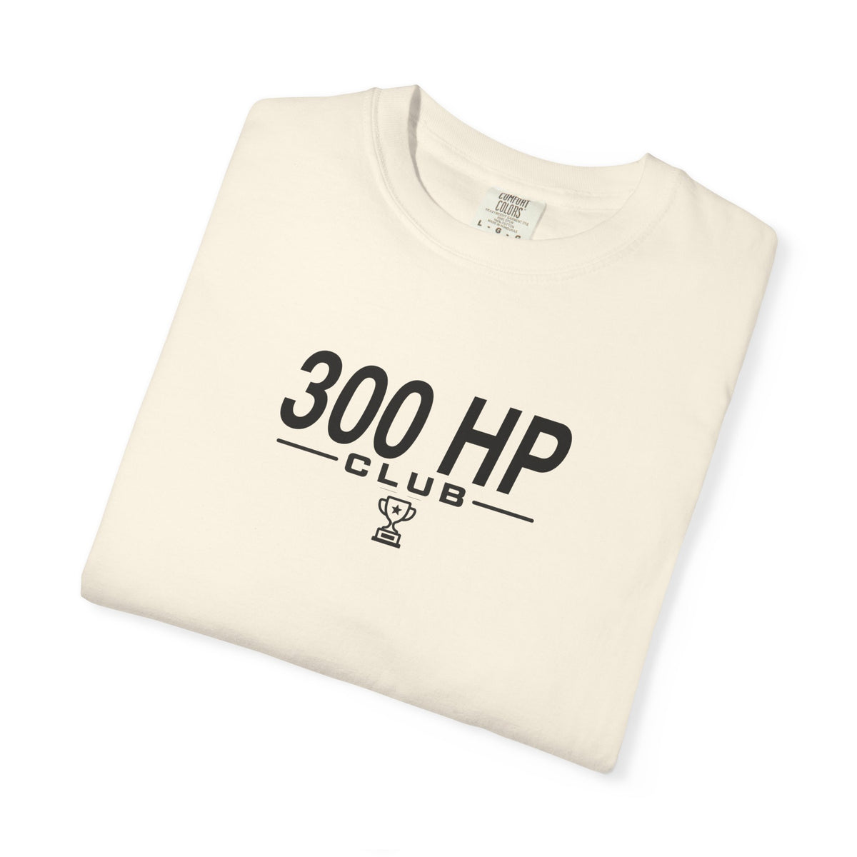 Ivory 300 HP Club T-shirt with front logo graphic, crew neck, short sleeves.