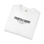 White crew-neck football t-shirt folded with “FOURTH & SHORT SOCIETY” chest logo.