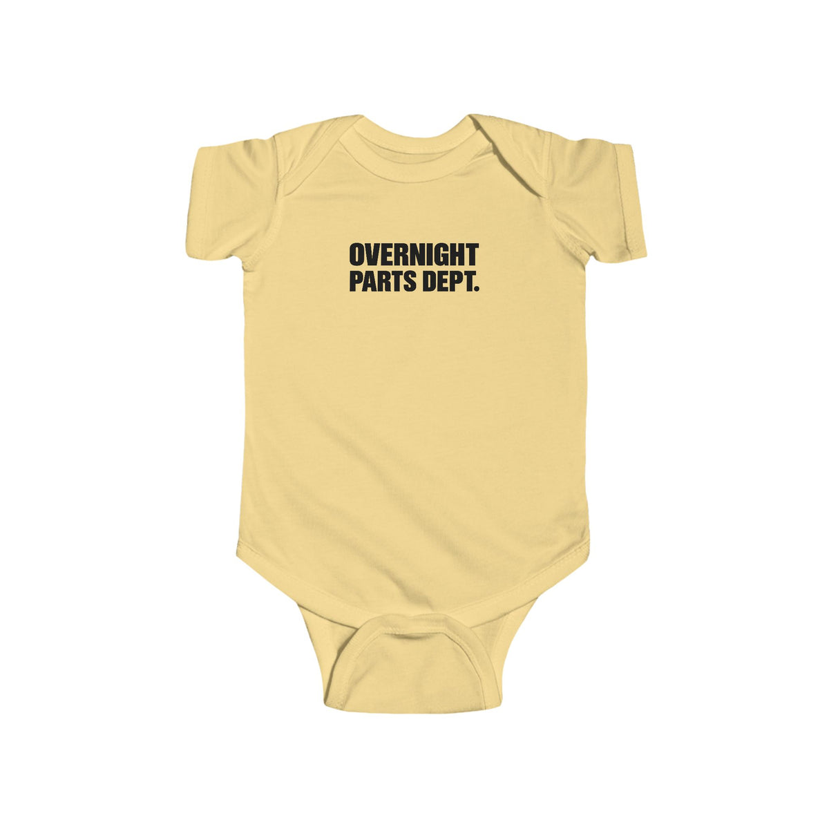 Butter yellow baby bodysuit with short sleeves and front text print
