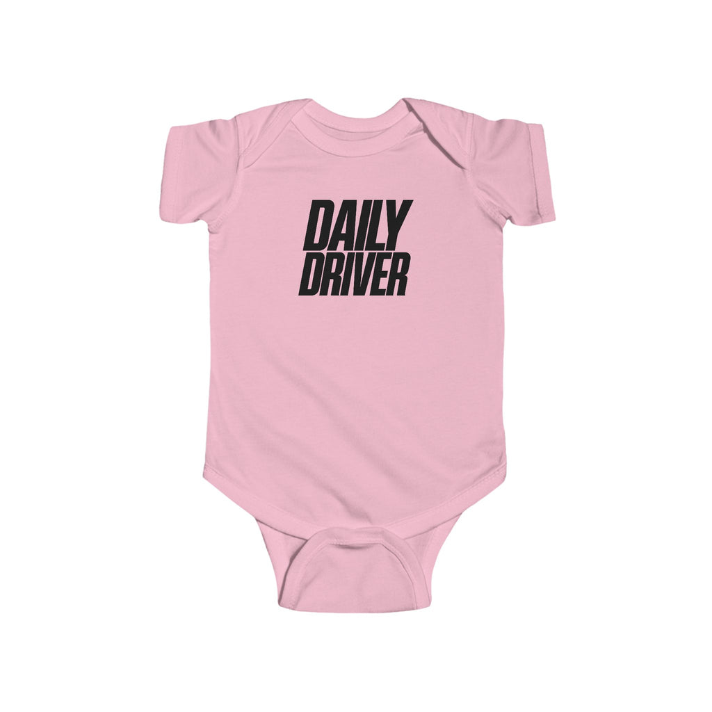 Pink baby bodysuit with short sleeves and "DAILY DRIVER" front graphic