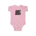 Pink baby bodysuit with short sleeves and "DAILY DRIVER" front graphic