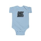 Light blue baby bodysuit with short sleeves and "DAILY DRIVER" front graphic