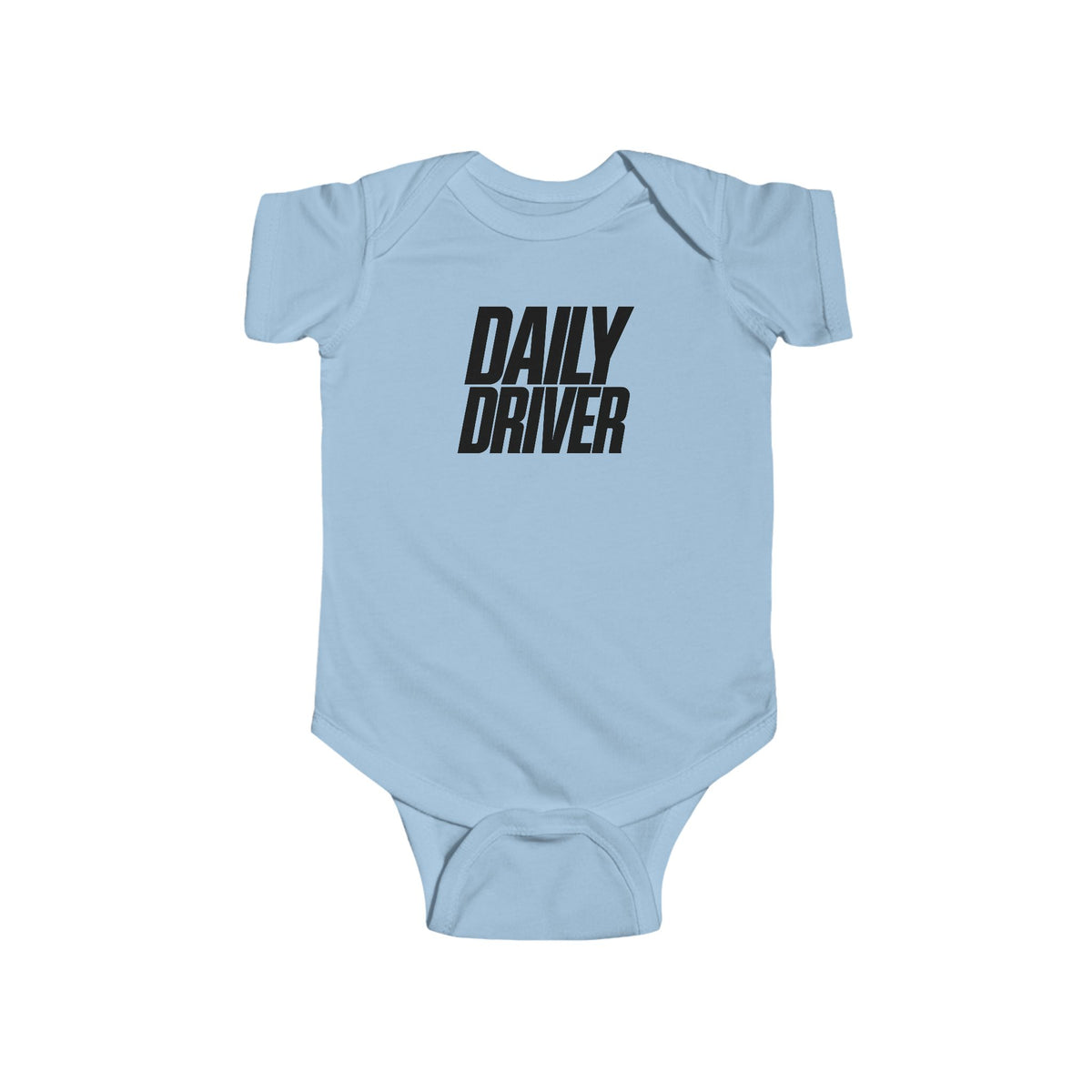 Light blue baby bodysuit with short sleeves and "DAILY DRIVER" front graphic