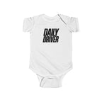 White baby bodysuit with short sleeves and "DAILY DRIVER" front graphic