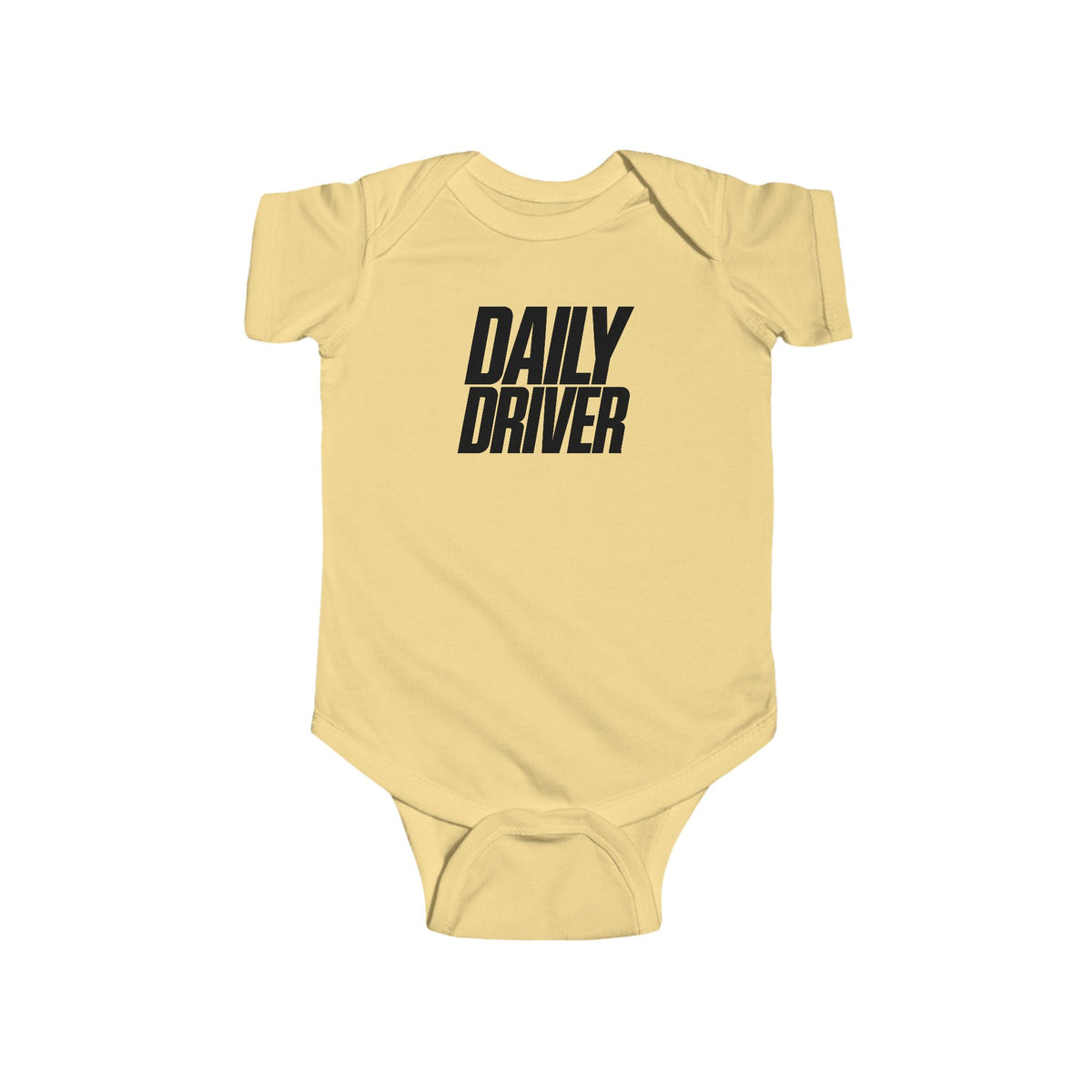 Butter yellow baby bodysuit with short sleeves and "DAILY DRIVER" front graphic