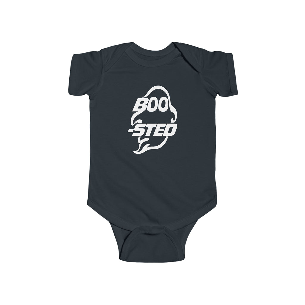 Black baby bodysuit with BOO-STED Halloween logo graphic on front