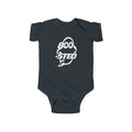 Black baby bodysuit with BOO-STED Halloween logo graphic on front
