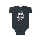 Black baby bodysuit with BOO-STED Halloween logo graphic on front