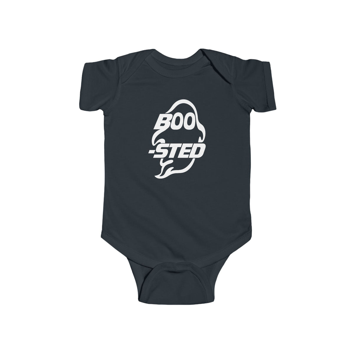 Black baby bodysuit with BOO-STED Halloween logo graphic on front