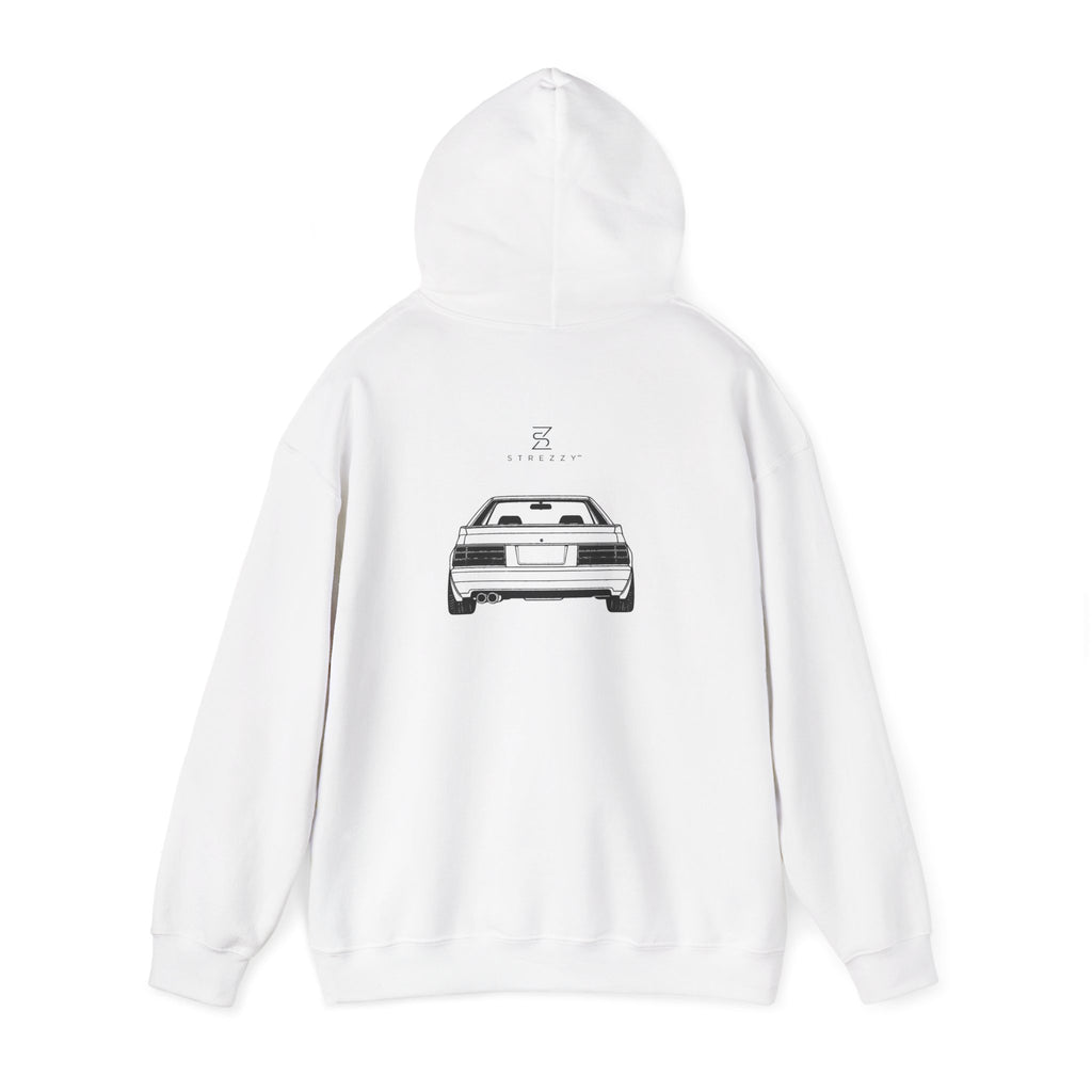 White hoodie, back view with small logo and car graphic print.