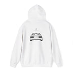 White hoodie, back view with small logo and car graphic print.
