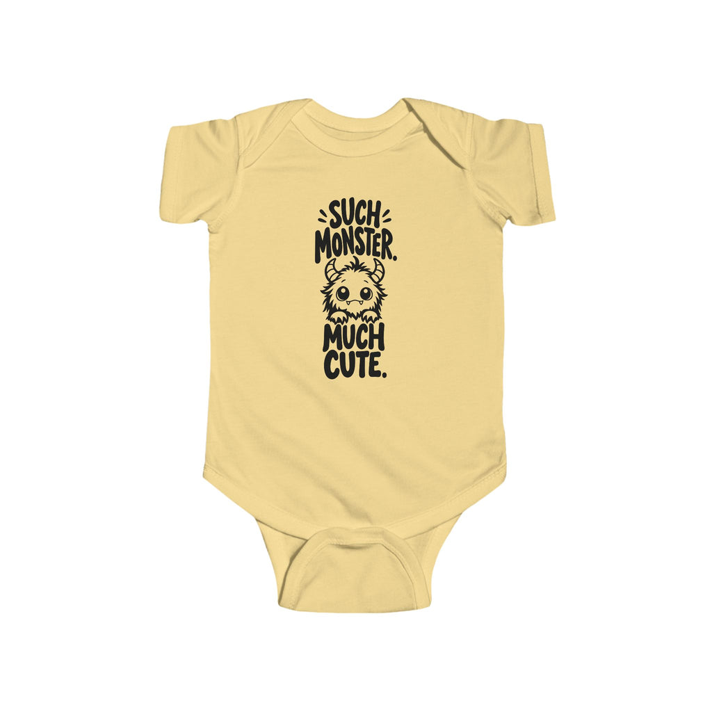 Baby bodysuit in butter yellow with monster graphic and “So much cute” text