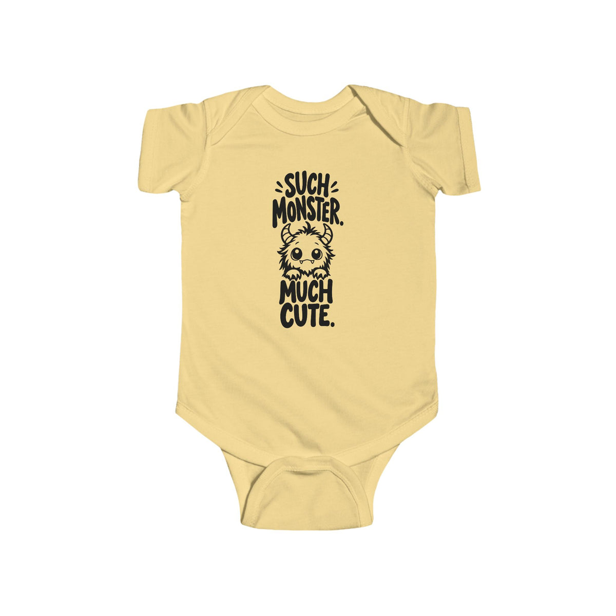 Baby bodysuit in butter yellow with monster graphic and “So much cute” text