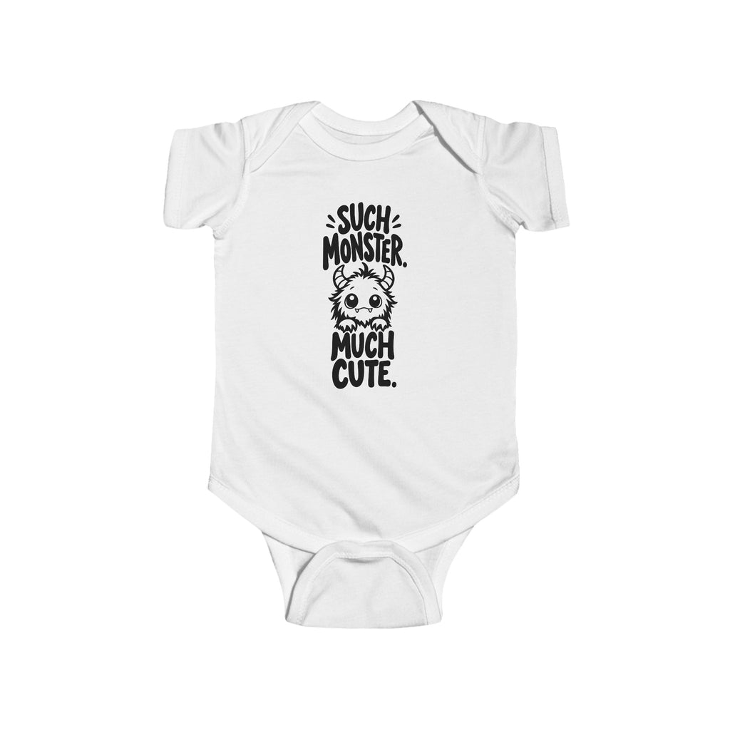 Baby bodysuit in white with monster graphic and “So much cute” text