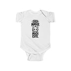 Baby bodysuit in white with monster graphic and “So much cute” text