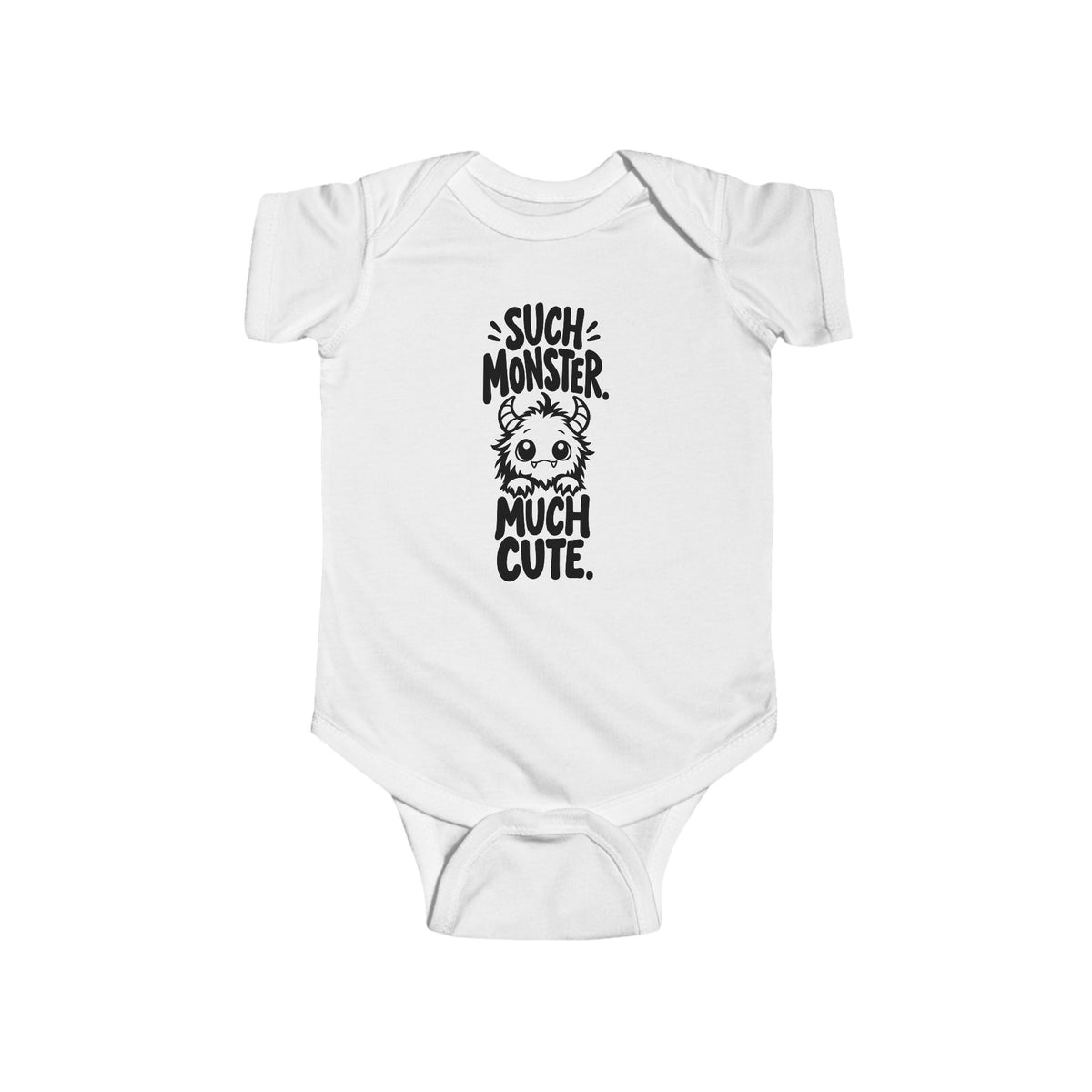 Baby bodysuit in white with monster graphic and “So much cute” text