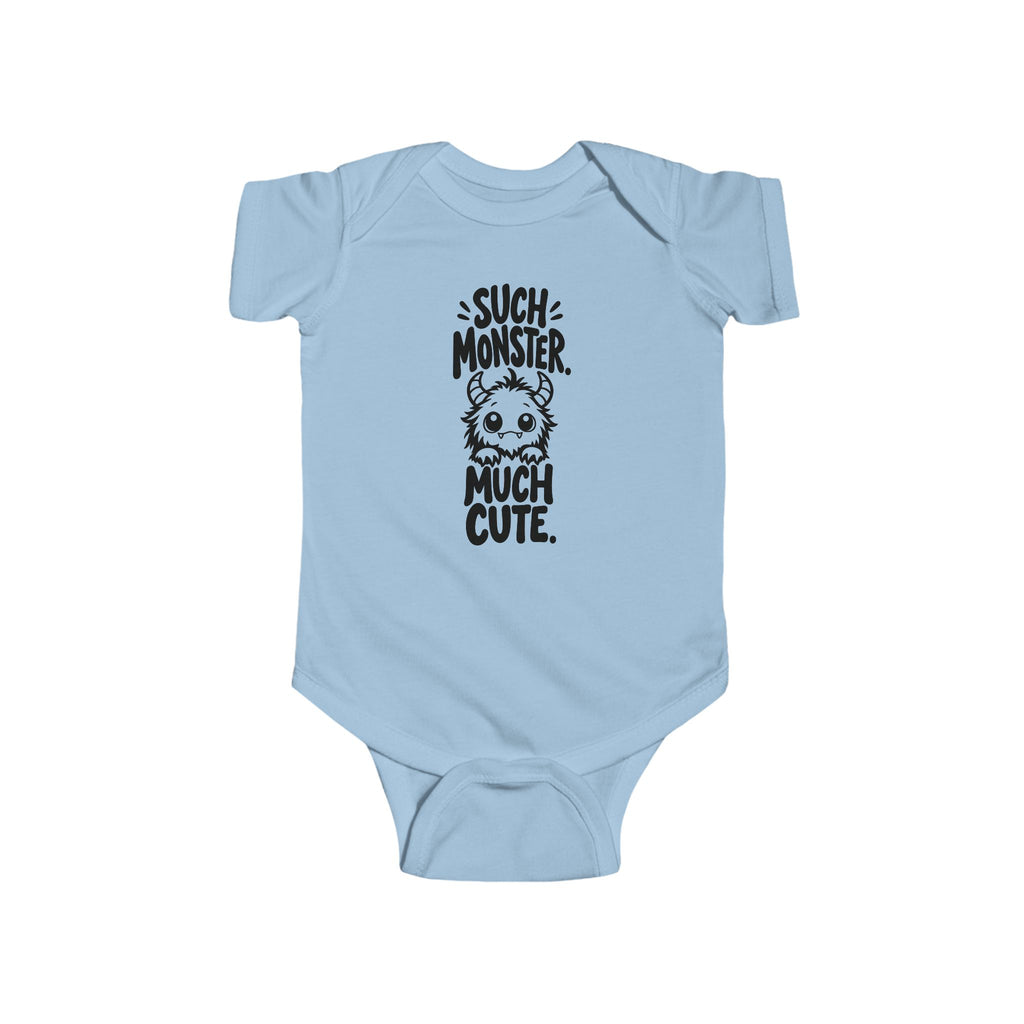 Baby bodysuit in light blue with monster graphic and “So much cute” text