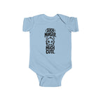 Baby bodysuit in light blue with monster graphic and “So much cute” text