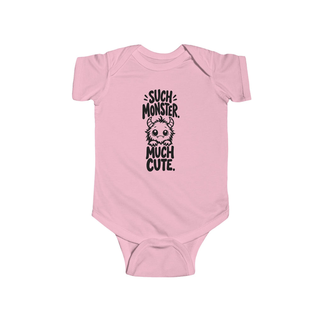 Baby bodysuit in pink with monster graphic and “So much cute” text