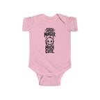 Baby bodysuit in pink with monster graphic and “So much cute” text