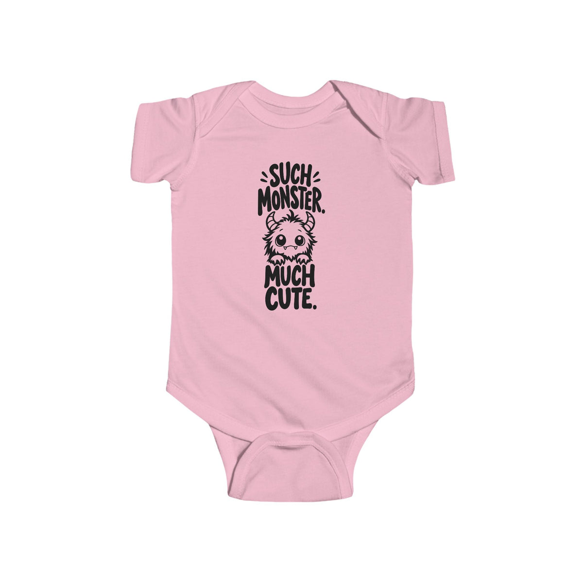 Baby bodysuit in pink with monster graphic and “So much cute” text