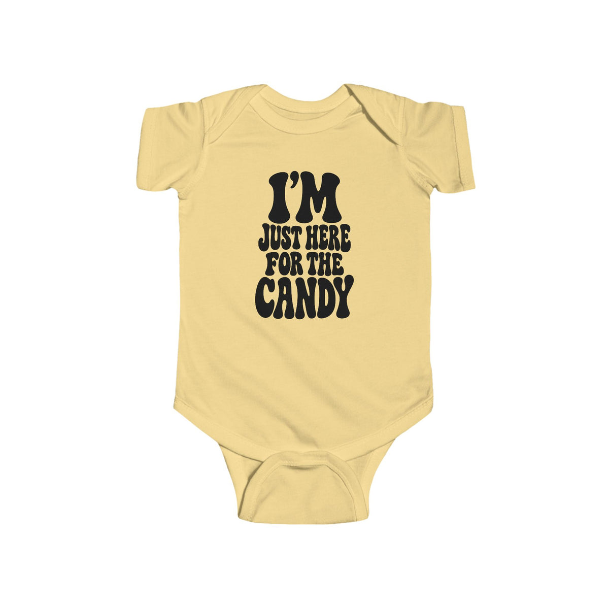 Butter yellow baby bodysuit with "I'm just here for the candy" graphic on the front