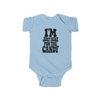 Light blue baby bodysuit with "I'm just here for the candy" graphic on the front